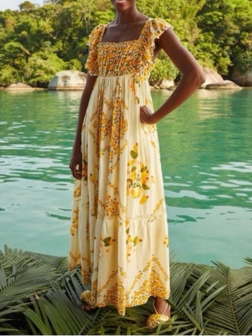 FARM Rio Cashew Ruffle Crossback Maxi Dress White Orange Floral S - Picture 15 of 16